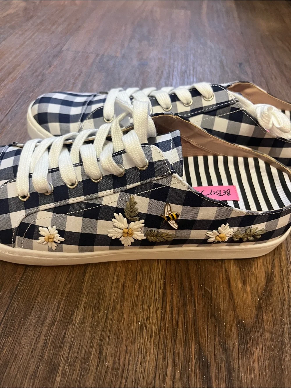 Betsey Johnson Navy & White Gingham Lace-Up Sneakers with Daisy Embroidery 11